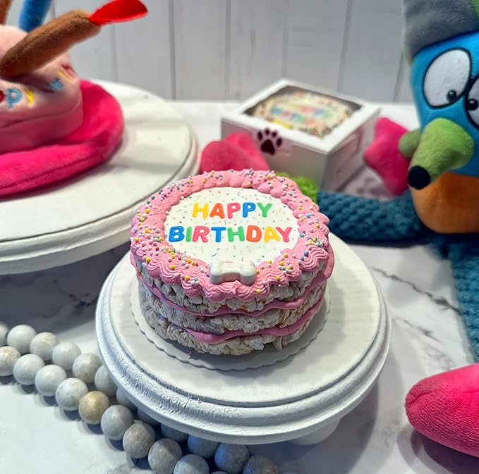 Crispy Vanilla Pink Dog Birthday Cake- Edible Puppy Party Crispy Vanilla Rice Cake-