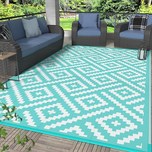 GENIMO Outdoor Rug for Patio Clearance, 6'x9' Waterproof Camping Mat, Reversible Plastic Straw Rugs for RV, Camper, Balcony, Backyard, Picnic, Deck (Aqua Blue & White)
