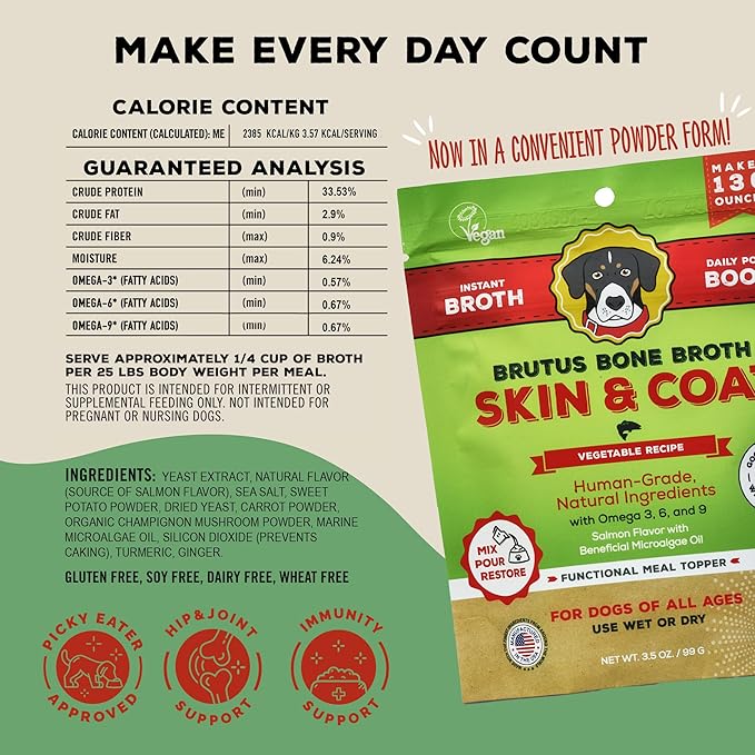 Brutus Broth Dog Food Topper - Vegetable Instant Broth Powder for Adult Dogs’ Skin & Coat - Made with Natural Ingredients - Serve Dry or Wet - Vegetable Flavor - 3.5 oz Pack (Makes 130 oz with Water)