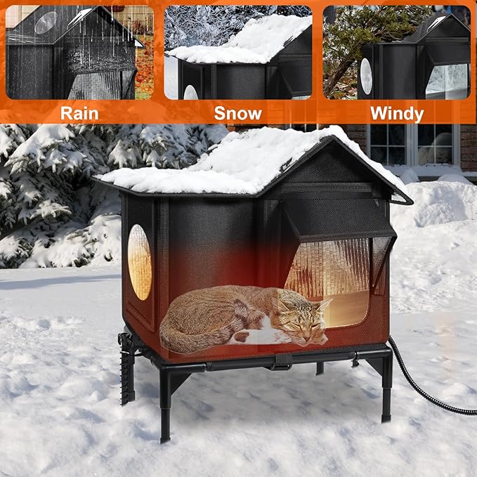 Heated Outdoor Cat House Weatherproof with Heating Pad, Insulated Feral Cat Houses for Outdoor Cats, Safe Escape Door, Heated Cats House for Outside, Outside Stray Cats Shelter with Elevated Base(S)