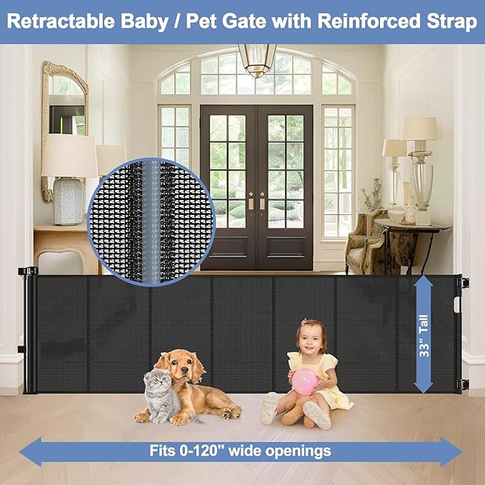 Reinforced 120 Inch Extra Long Retractable Dog Gates for Doorways Extra Wide Pet Gate Indoor 10 Ft Retractable Baby Gates for Dogs 33 Inch Tall Mesh Baby Gate Long with Reinforced Strips, Black