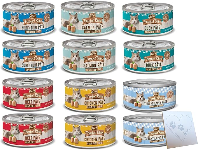 Variety Pack for Purrfect Bistro – 6 Tasty Flavors: Tuna, Chicken, Beef, Surf & Turf, Salmon & Duck + Pet Paws Notepad – (3oz Each, 12 cans Total) – Grain Free, Balanced, Wholesome Nutrition