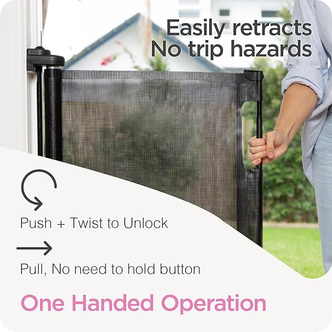Retractable Baby Gate Perma Child Safety 41" Tall x 71” Wide, Mesh, for Stairs, Doorways, Dogs, Pets, Indoor, Outdoor, One-Handed Operation, Locking, Easy Install, Hardware Mount, Black