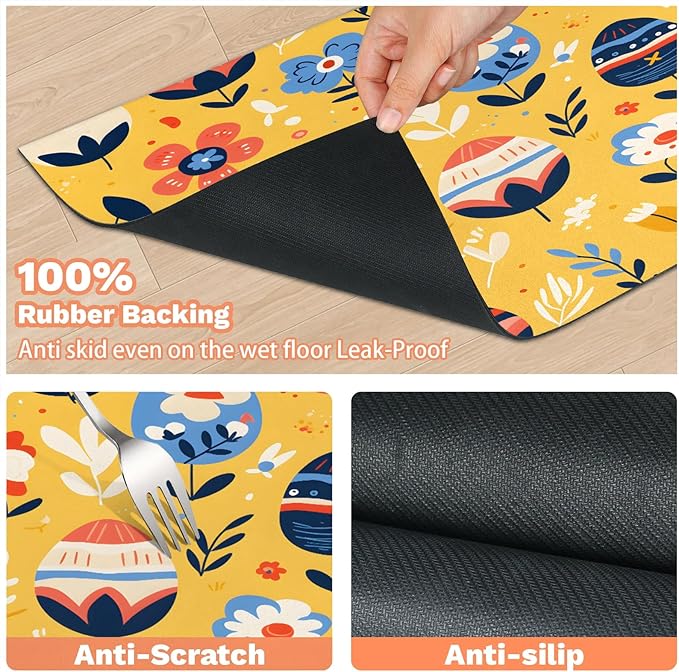 Spring Easter Dog Food Mat for Floors Absorbent Dog Bowl Mat for Food and Water Dispenser Quick Dry Cat Food Placemat Pet Supplies 17" x 30", Egg Flower