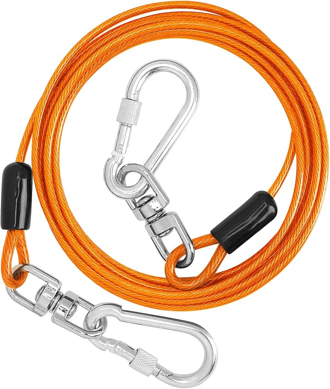 jenico Dog Tie Out Cable, 10/15/20/30/40/50/70/100/150FT Runner Cable with Swivel Hook and Shock Spring, Dog Leash Run Tether for Yard Outdoor and Camping,for Small to Medium Pets Up to 500 LBS