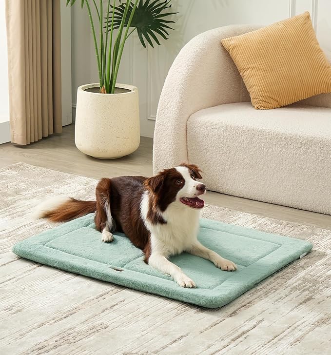 MADE 4 PETS Dog Crate Pad Bed for Medium Large Dogs, Washable & Reversible, Anti-Slip Kennel Mat for Cozy Sleeping, Soft Fluffy Dog Bed for Indoor & Outdoor Use, 35"x23", Green