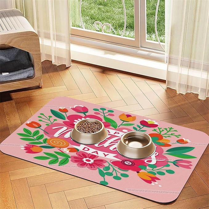 Pet Feeding Mat for Dogs Cats Happy Mother's Day Floral Gift for Mom S Absorbent Dog Food Mat Non-Slip Waterproof Placemat Quick Dry Pet Supplies Bowl Mats
