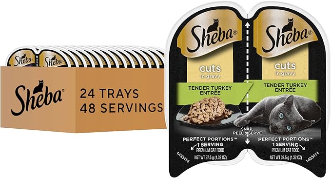 Sheba Perfect Portions Wet Cat Food Cuts in Gravy, Cat Food Wet Recipe, Turkey Entree, 2.6 oz. Twin-Pack Trays (24 Count, 48 Servings)