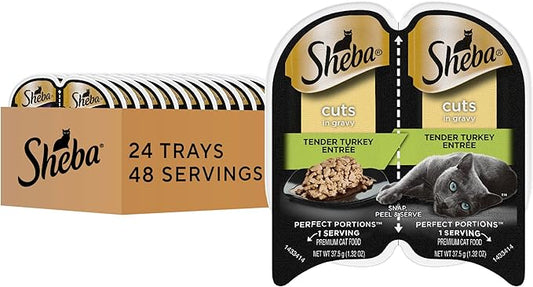 Sheba Perfect Portions Wet Cat Food Cuts in Gravy, Cat Food Wet Recipe, Turkey Entree, 2.6 oz. Twin-Pack Trays (24 Count, 48 Servings)