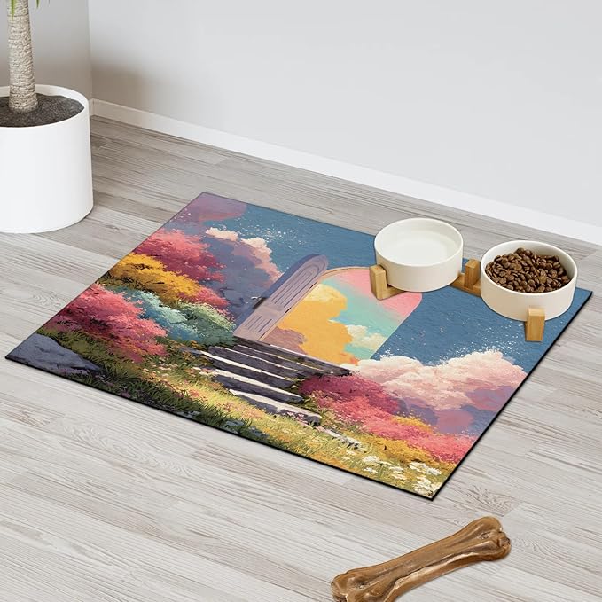 Cloud Door Dog Food Mat for Floors Absorbent, Quick Dry Water Dispenser Mat for Food, Water, Pet Supplies 17" x 30", Colorful Flower