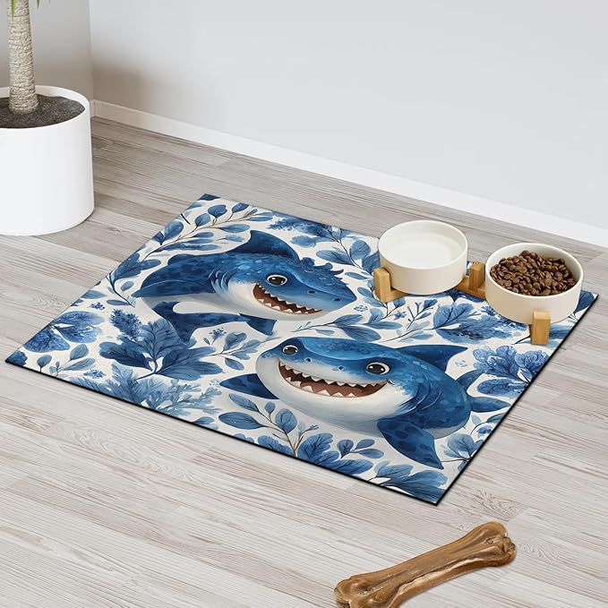 Funny Shark Dog Food Mat for Floors Absorbent Dog Bowl Mat for Food and Water Dispenser Quick Dry Cat Food Placemat Pet Supplies 17" x 30", Coastal Nautical