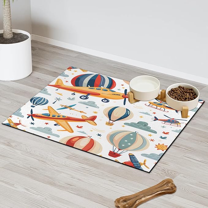 Airplane Dog Food Mat for Floors Absorbent, Quick Dry Water Dispenser Mat for Food, Water, Pet Supplies 17" x 30", Hot Air Balloon