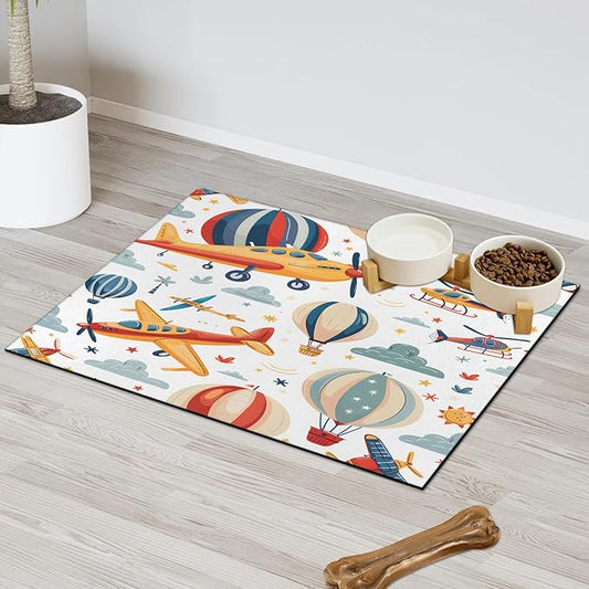 Airplane Dog Food Mat for Floors Absorbent, Quick Dry Water Dispenser Mat for Food, Water, Pet Supplies 17" x 30", Hot Air Balloon