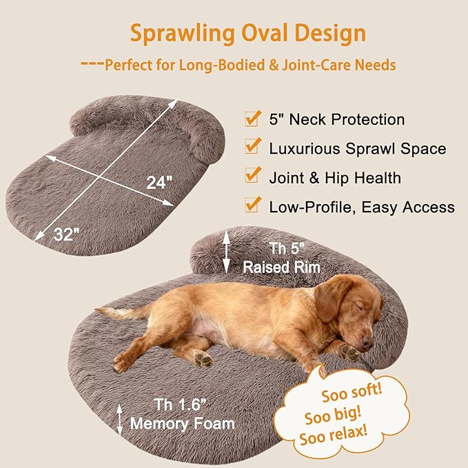Calming Dog Beds for Medium Large Dogs, Orthopedic Cushion Plush Dogs Lounge Couch Sofa with Washable Removable Cover, Anti-Anxiety Soft Faux Fur Fits up to 40 lbs Pets (Oval, Brown 32"x24")