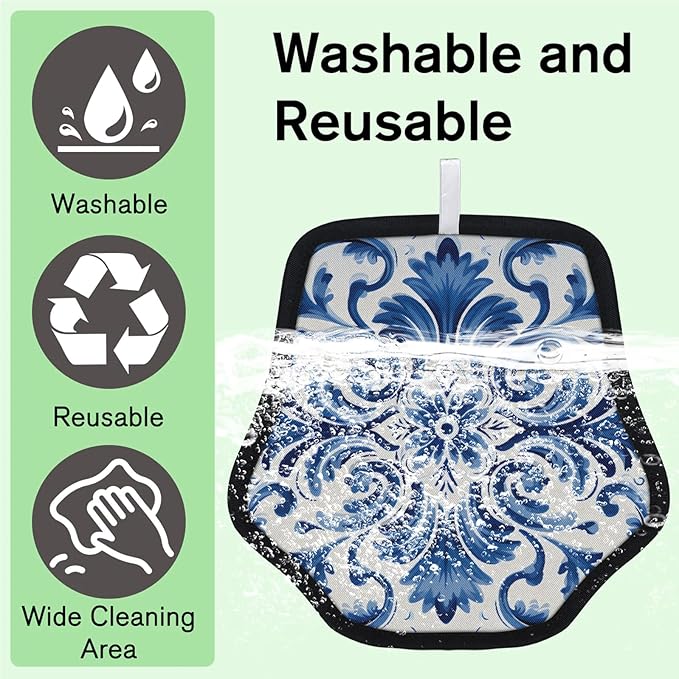 Blue Floral Print Electrostatic Pet Hair Removal Glove for Cats & Dogs - Reusable Grooming Mitt for Couch, Carpet, Car Seat & Laundry - Large 9x9 Inch