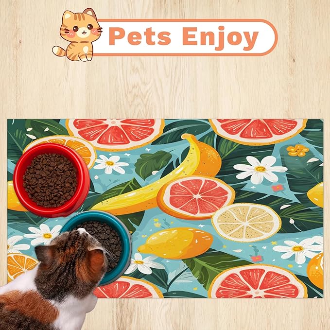 Lemon Flower Dog Food Mat for Floors Absorbent Dog Bowl Mat for Food and Water Dispenser Quick Dry Cat Food Placemat Pet Supplies 12" x 20", Summer Leaves