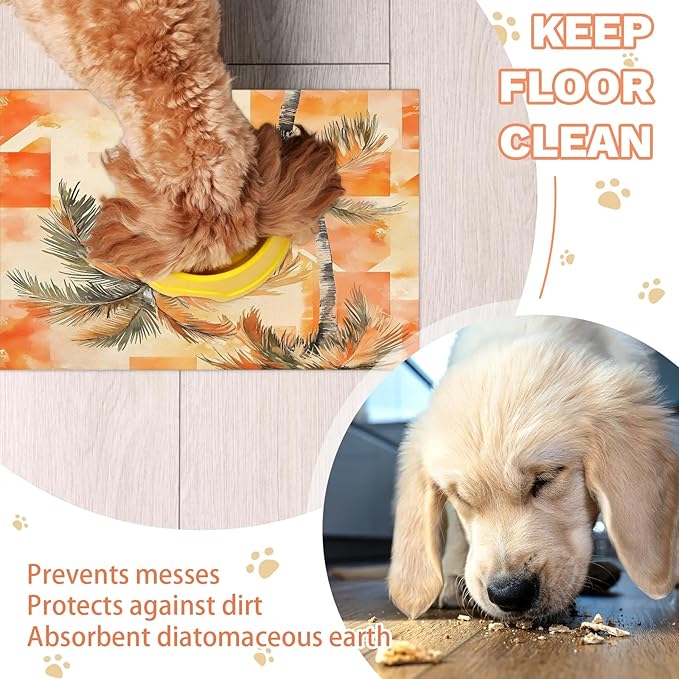Palm Trees Dog Food Mat for Floors Absorbent, Quick Dry Water Dispenser Mat for Food, Water, Pet Supplies 17" x 30", Orange Hawaii