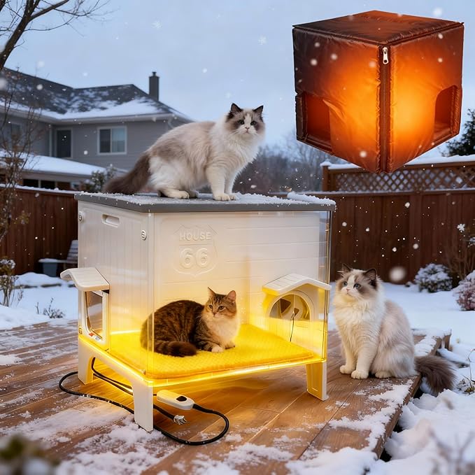 Plastic Outdoor Cat House with Insulated Liner Heating Mat Weatherproof for Feral Cat, Elevated Cat Shelter with Escape Door, Easy Assemble, Expansive Interior‌ Grey 27.0" L x 27.0" W x 21.0" H