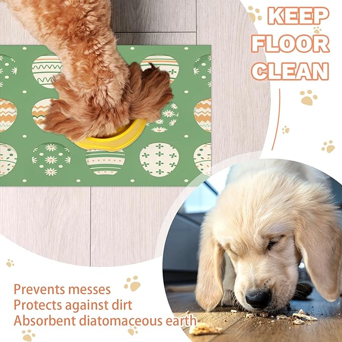 Easter Egg Dog Food Mat for Floors Absorbent Dog Bowl Mat for Food and Water Dispenser Quick Dry Cat Food Placemat Pet Supplies 17" x 30", Colorful Eggs