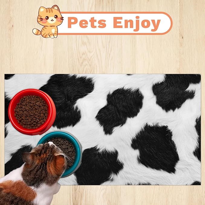 Cowhide Print Dog Food Mat for Floors Absorbent Dog Bowl Mat for Food and Water Dispenser Quick Dry Cat Food Placemat Pet Supplies 16" x 24", Black Milk Cow