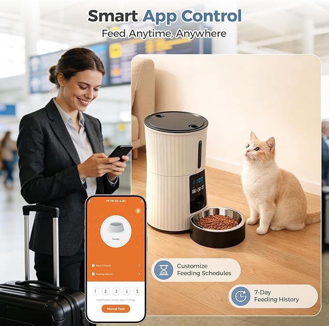 DUMOS Automatic Cat Feeder, 4L Timed Cat Food Dispenser with APP Control, 10s Voice Recorder, Dual Power Supply, 2.4G WiFi Indoor Programmable Pet Feeder with Desiccant for Small Cats and Dogs, White