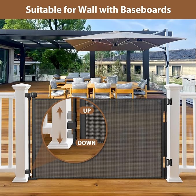Weatherproof Outdoor Retractable Gate for Dogs with No Rust Stainless Steel Screws and Rods, 55" Wide Waterproof Retractable Baby Gates, Scratch-Resistant Mesh Safety Outdoor Pet Gate for Deck, Black