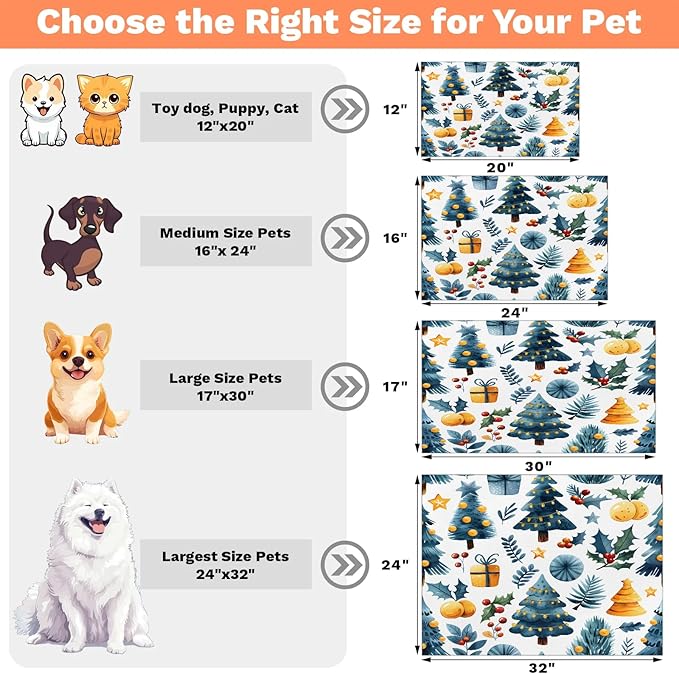Merry Christmas Dog Food Mat for Floors Absorbent, Quick Dry Water Dispenser Mat for Food, Water, Pet Supplies 12" x 20", Pine Tree