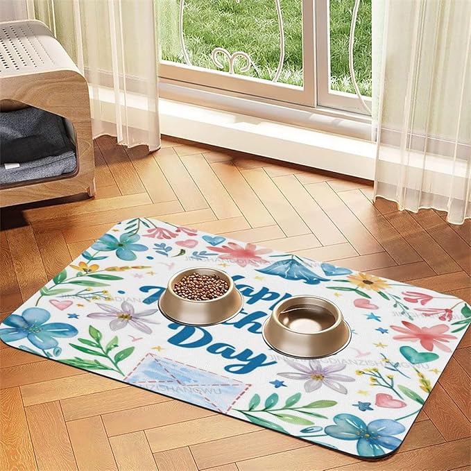 Pet Feeding Mat Absorbent Dog Mat for Food Water Bowl No Stains Quick Dry Water Dispenser Mats Happy Mother's Day Floral Gift Mom Ed Dog Accessories Pet Supplies Bowl for Messy Drinkers 18X12In