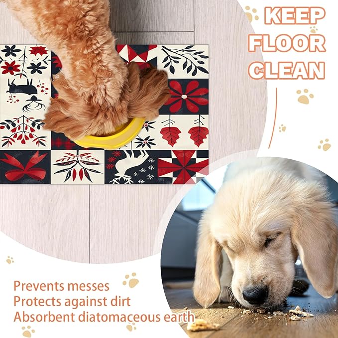 Xmas Deer Dog Food Mat for Floors Absorbent, Quick Dry Water Dispenser Mat for Food, Water, Pet Supplies 17" x 30", Christmas Tree