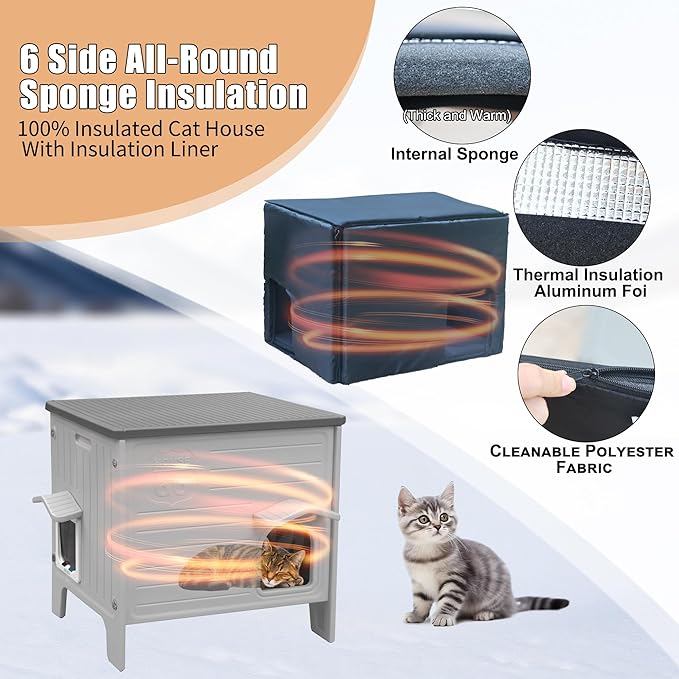 Plastic Cat House with Insulated Liner for Winter, Cat Houses with Escape Door, Waterproof Outdoor Cat House for Feral Cats, Outside Cat Shelter for Small Pet, Assemble Easily