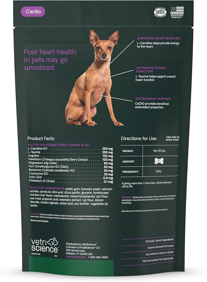 VetriScience Extra Strength Healthy Heart Chews, Vetri Cardio Supplement for Dogs, Heart Support Supplement with Taurine, Carnitine, CoQ10, Hawthorn and Berberine, Chicken, 60 Count