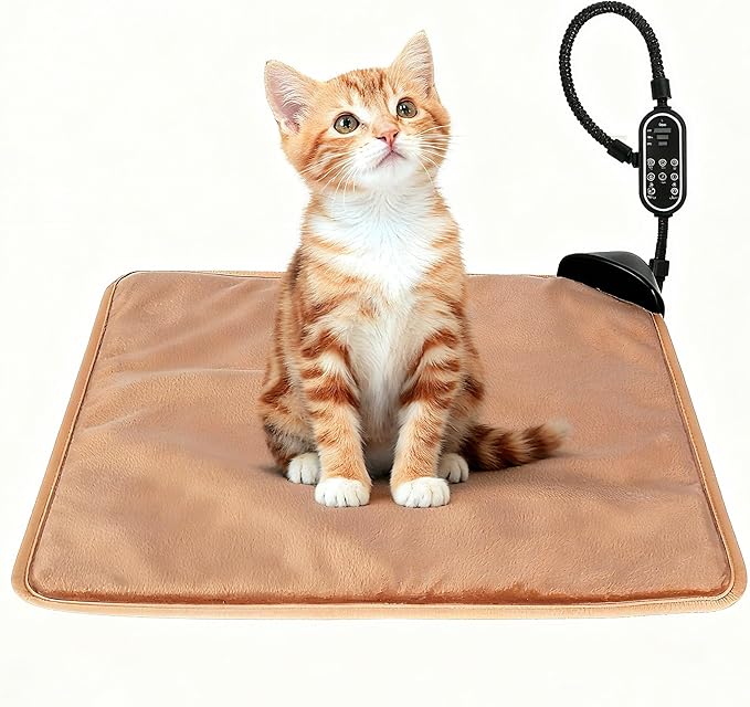 Pet Heating Pad for Cats & Dogs,Safe Electric Cat Warming Pad with Chew Resistant Cord,Automatic Induction Heated Cat Bed,Adjustable Temperature & Time (Camel, 17.7" x 17.7")