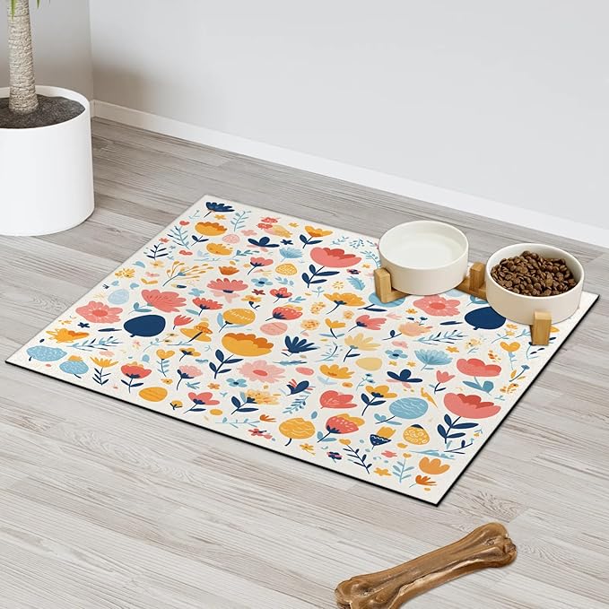 Easter Egg Dog Food Mat for Floors Absorbent Dog Bowl Mat for Food and Water Dispenser Quick Dry Cat Food Placemat Pet Supplies 12" x 20", Boho Flower