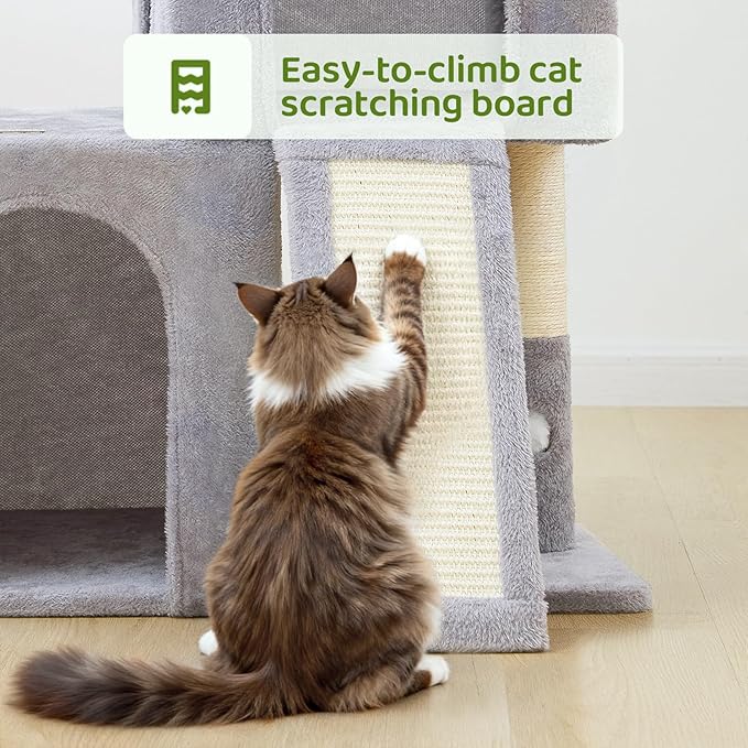 32inch Tall Cat Tree with 2 cat condo for Adult Cats Cozy Cat Tower with Scratching Post and Scrather Board for Cats of Different Ages.（Light Grey）