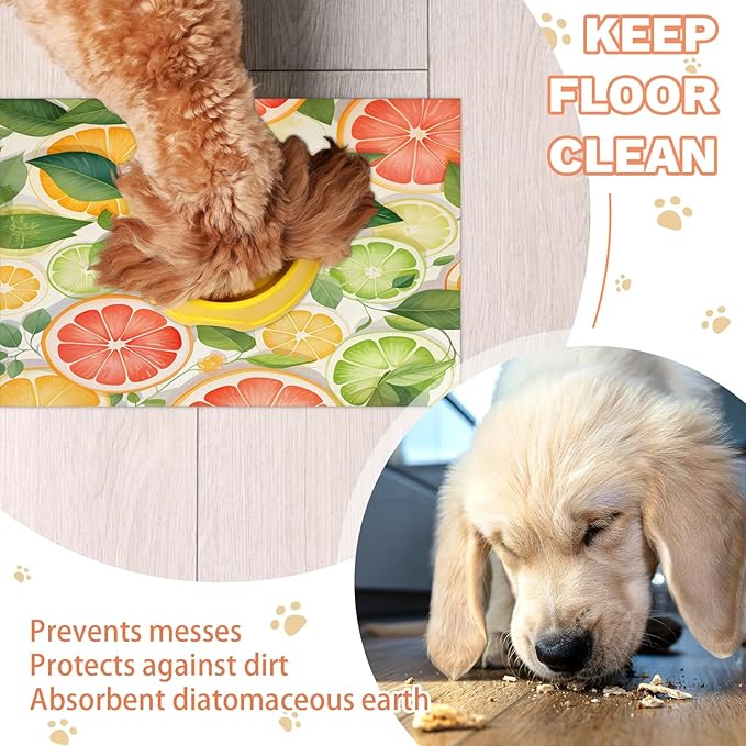 Lemon Fruit Dog Food Mat for Floors Absorbent Dog Bowl Mat for Food and Water Dispenser Quick Dry Cat Food Placemat Pet Supplies 24" x 32", Green Leaves