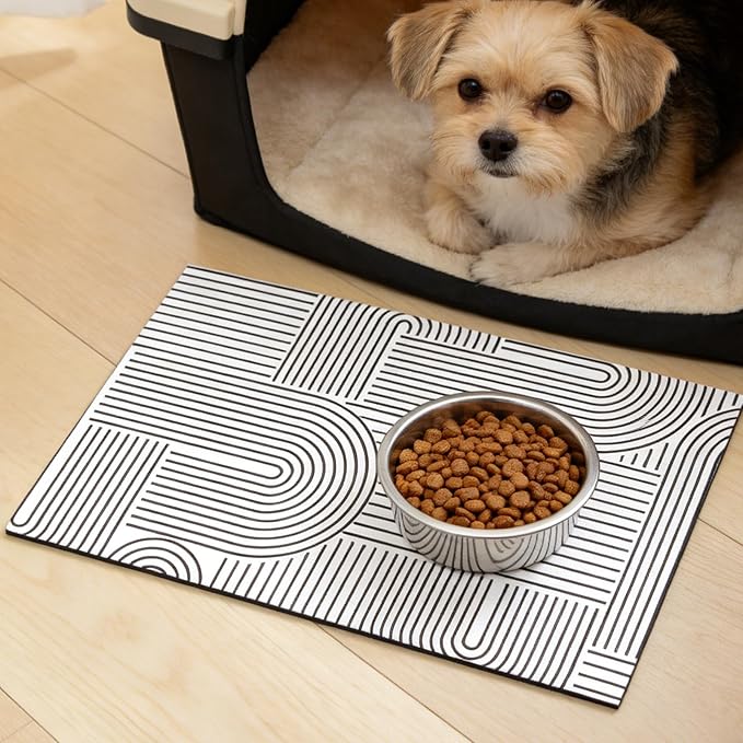 GLOBLELAND Bohemian Minimalism Pet Food Mat for Floors 11.8×20 inch Dogs Food Mats Absorbent Dog Bowl Mat Quick Dry Dog Cat Pet Placemats Pets Supplies for Water Dispenser
