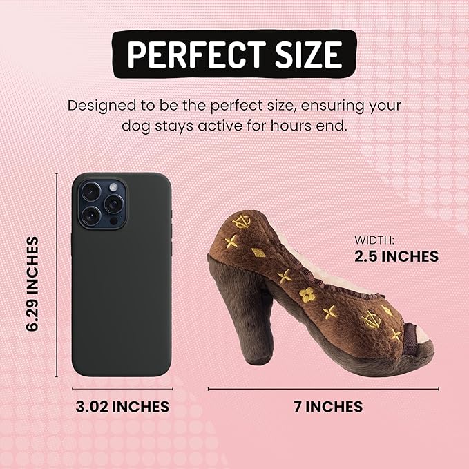 Dog Diggin Designs Chewy Vuiton Squeaky Plush Dog Shoe Toy | Luxury-Inspired Parody Designer Heel with Squeaker, Soft Plush Fashion Dog Toy – High Heel Essentials