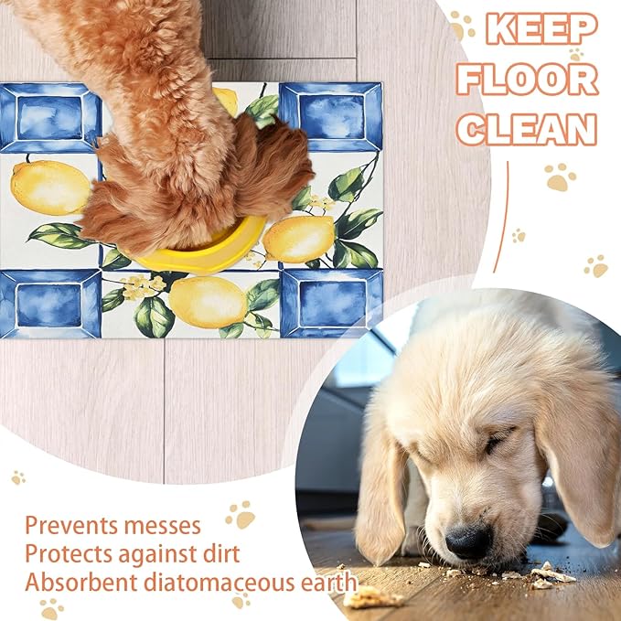 Lemon Dog Food Mat for Floors Absorbent Dog Bowl Mat for Food and Water Dispenser Quick Dry Cat Food Placemat Pet Supplies 12" x 20", Tile Leaves