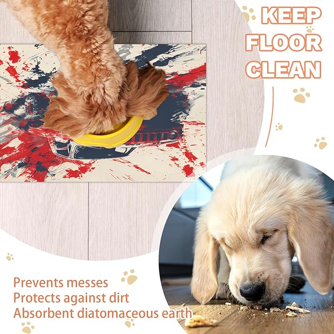 Cool Car Dog Food Mat for Floors Absorbent, Quick Dry Water Dispenser Mat for Food, Water, Pet Supplies 12" x 20", Red Vehicle