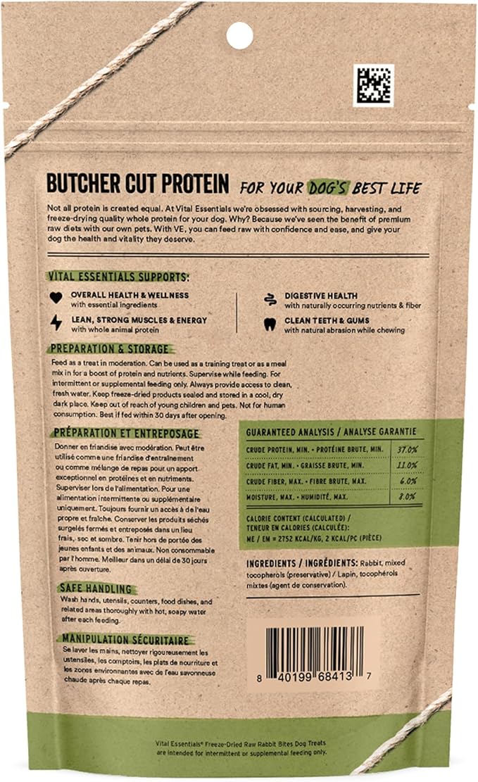 Vital Essentials Freeze Dried Dog Treats | Rabbit Bites, Single Ingredient | Premium Quality | Grain Free Training Treats for Dogs, 5 oz Bag