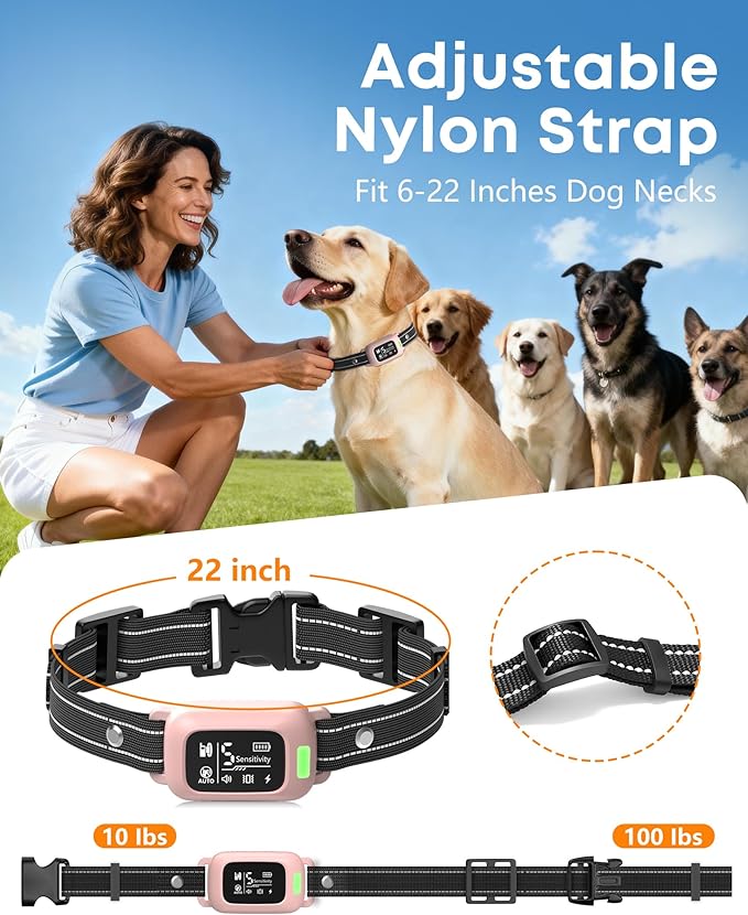 Delupet 2-in-1 Dog Bark & Training Collar – 4500FT Shock Collar with Remote Control, Automatic Anti-Barking E Collar with IPX8 Waterproof & LED Light for Small Medium Large Dog (Pink)