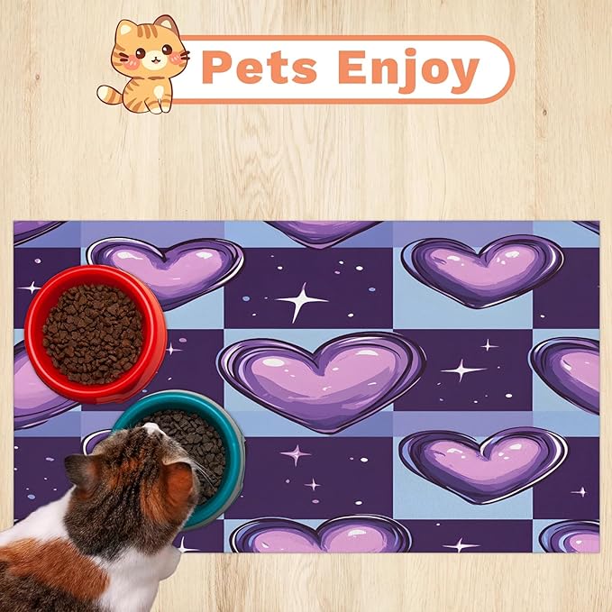 Love Heart Dog Food Mat for Floors Absorbent, Quick Dry Water Dispenser Mat for Food, Water, Pet Supplies 12" x 20", Buffalo Plaid