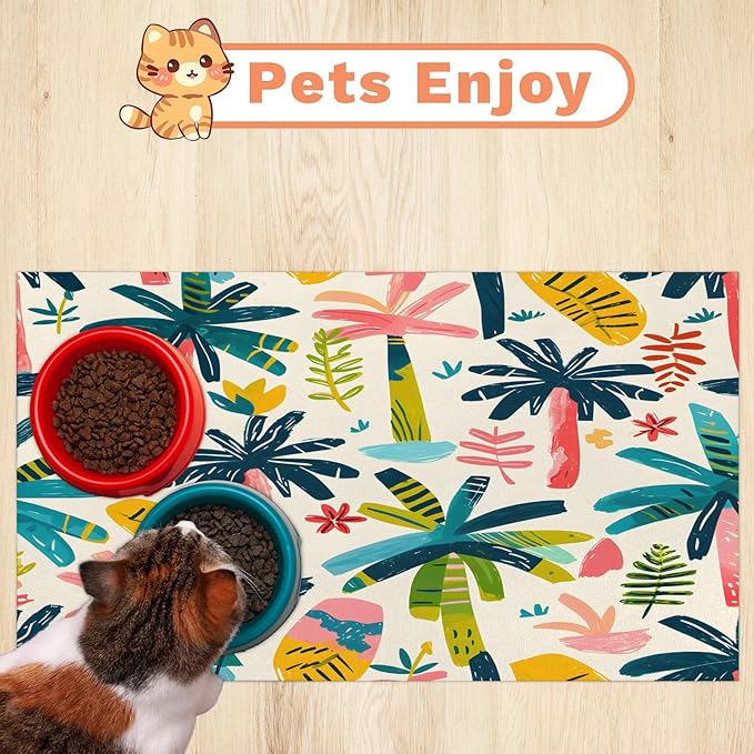 Palm Tree Dog Food Mat for Floors Absorbent, Quick Dry Water Dispenser Mat for Food, Water, Pet Supplies 24" x 32", Tropical Leaf