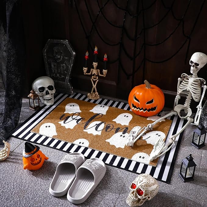 Tinideya 2 Pcs Halloween Welcome Door Mat Ghost Outdoor Welcome Mats for Front Door Non Slip Cute Ghost Coir Floor Mat Black White Stripe Halloween Rug for Outside Front Porch Entryway Decor