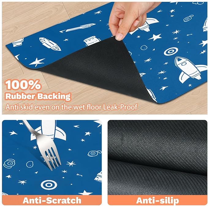 Outer Space Dog Food Mat for Floors Absorbent, Quick Dry Water Dispenser Mat for Food, Water, Pet Supplies 17" x 30", Cartoon Rocket