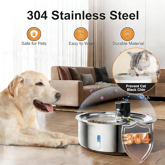 Dog Water Fountain, 8L Stainless Steel Dog Water Fountain for Large Dogs, Dog Water Bowl Dispenser, Super Quiet Pump and Replacement Filters for Cats and Dogs