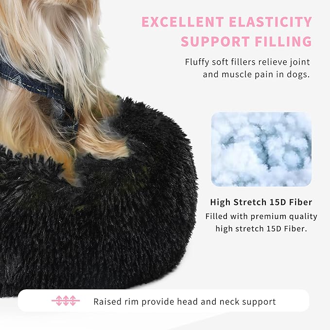 Black Dog Bed Extra Small Washable,Calming Dog Bed Princess for Small Dogs 15 inches Donut Soft Small Pet Bed,Anti Anxiety Round Fits up to 5 lbs Warm Comfort Pets Beds for Puppy Dogs Indoor