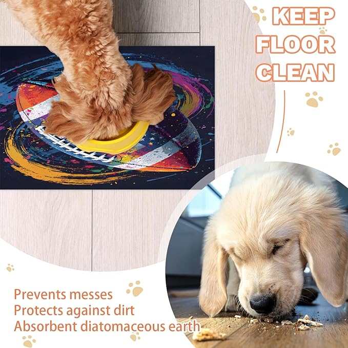 Rugby Football Dog Food Mat for Floors Absorbent, Quick Dry Water Dispenser Mat for Food, Water, Pet Supplies 16" x 24", American Flag