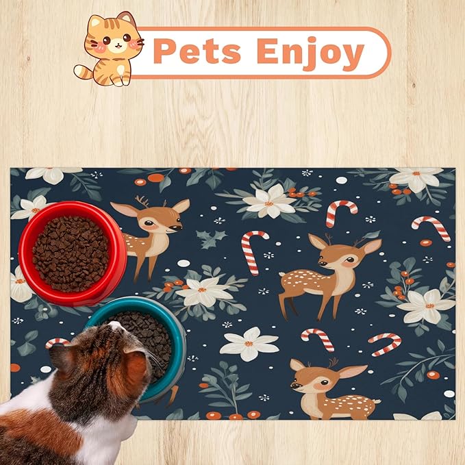 Xmas Elk Dog Food Mat for Floors Absorbent, Quick Dry Water Dispenser Mat for Food, Water, Pet Supplies 12" x 20", Christmas Holly