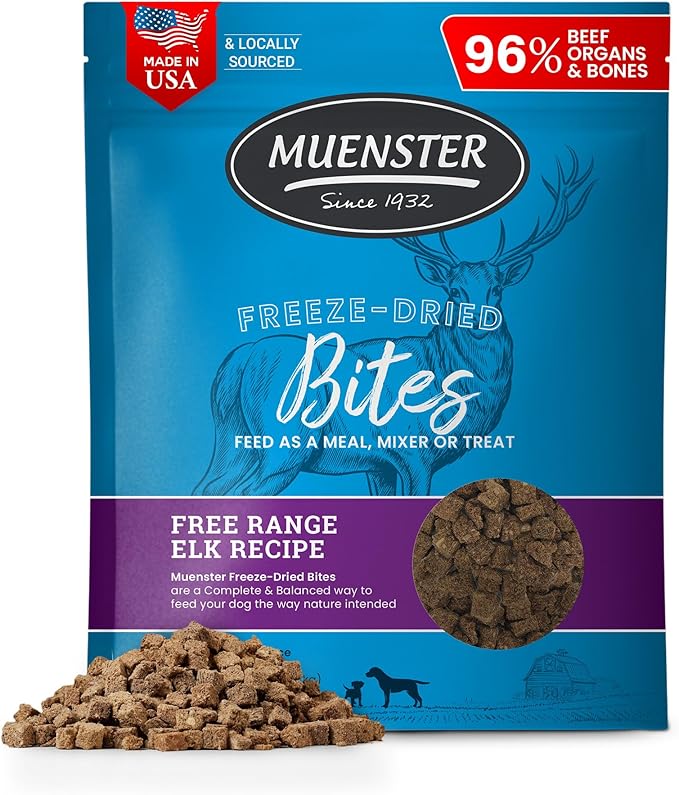 Muenster Freeze Dried Elk Bites - Dog Food, Treat, Mixer or Topper (16oz) - Grain-Free
